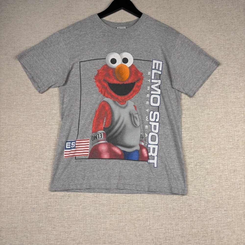 Vintage Anvil Elmo Sport Streetwear Boxing Graphic T-Shirt Grey Y2K Mens Medium